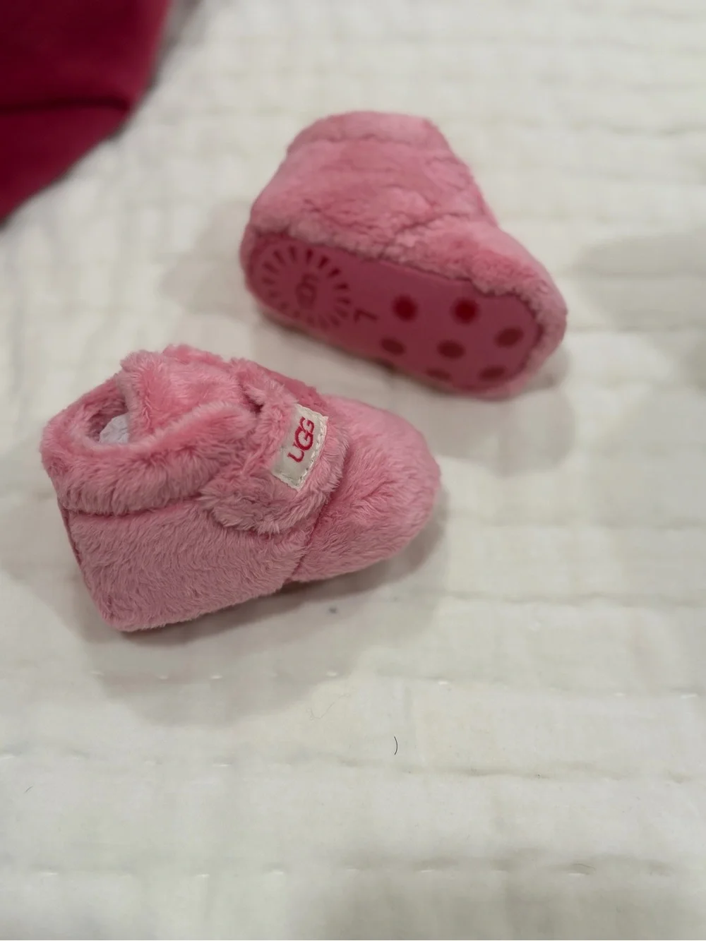 UGG Pink Fuzzy Baby Booties with Hook-and-Loop Strap